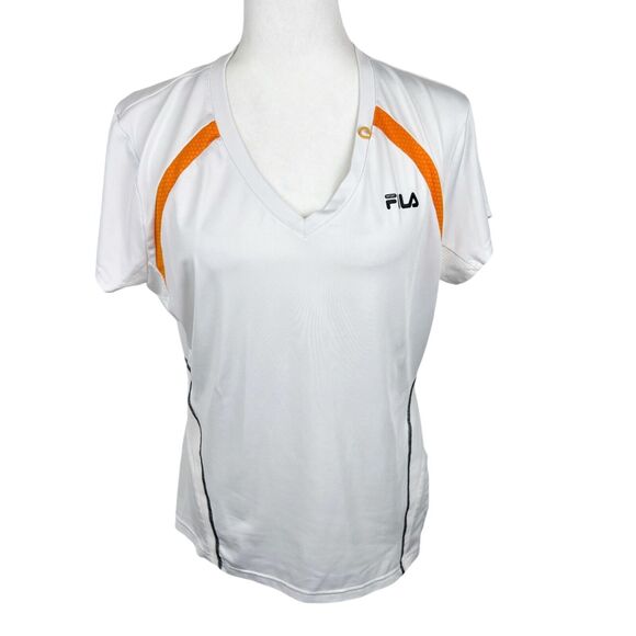 Fila Shirt Women Extra Large White Orange V-Neck Short Sleeve Stretch Active Tee - Picture 1 of 11